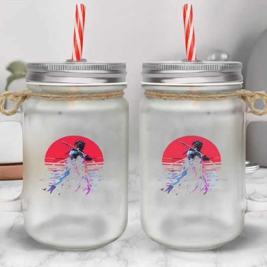 Cyberpunk Samurai Warrior Under Neon Moon Mason Jar Cups