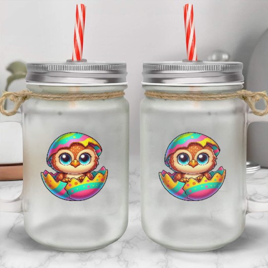 Cute Owl Easter Egg Cartoon Hatching Colorful Mason Jar Cups