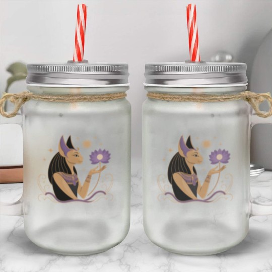 Serene Bastet Holding a Lotus Mason Jar Cups
