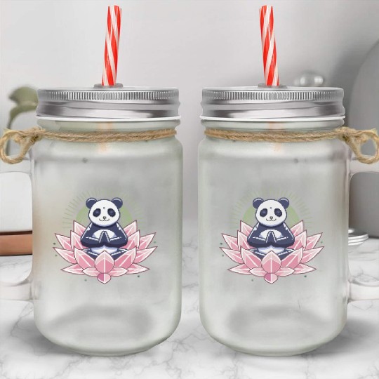 Meditating Panda on Lotus Mason Jar Cups