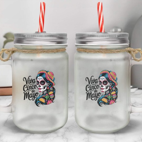 Cinco de Mayo Sugar Skull Girl Sombrero & Flowers Mason Jar Cups