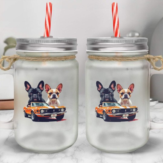 French Bulldogs with Classic Muscle Car – Retro Vi Mason Jar Cups