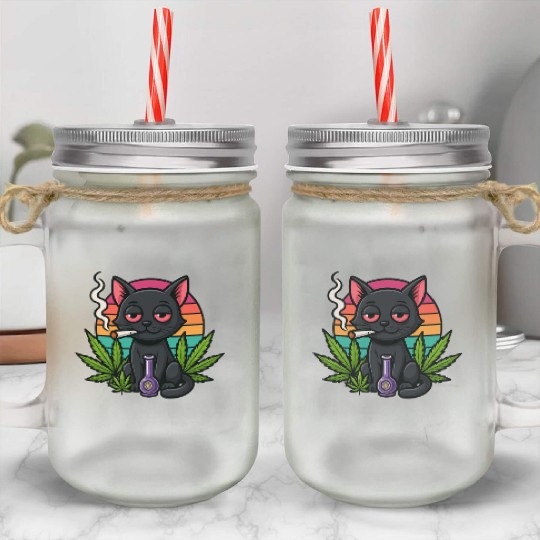 Cute Cat Smoking Weed Mason Jar Cups