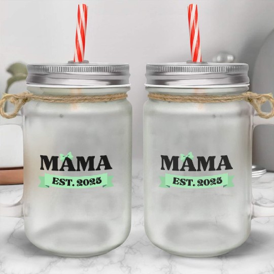 Mama Est. 2025 - Light Green Bow Maternity Design Mason Jar Cups