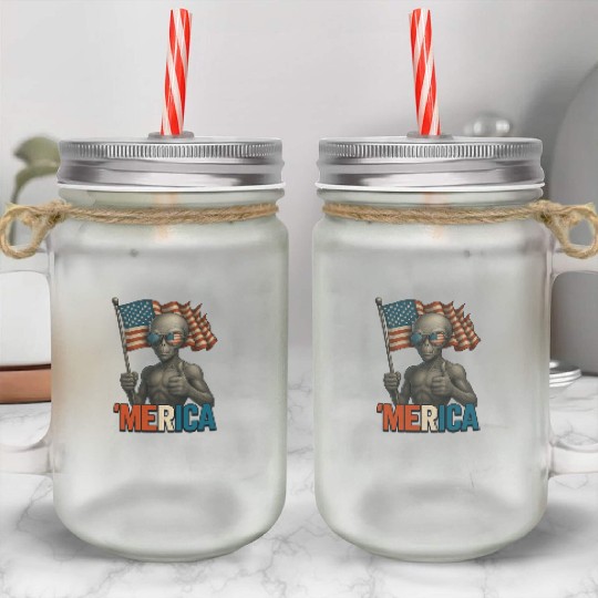 Thumbs Up Merica Alien 4th of July Funny Mason Jar Cups