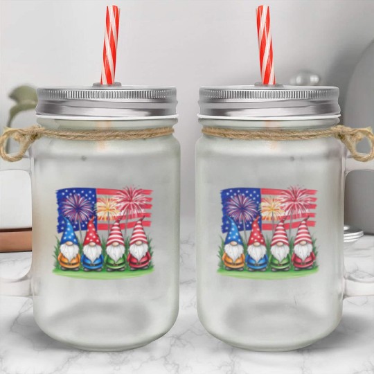 Patriotic Gnomes Fireworks American Flag Mason Jar Cups