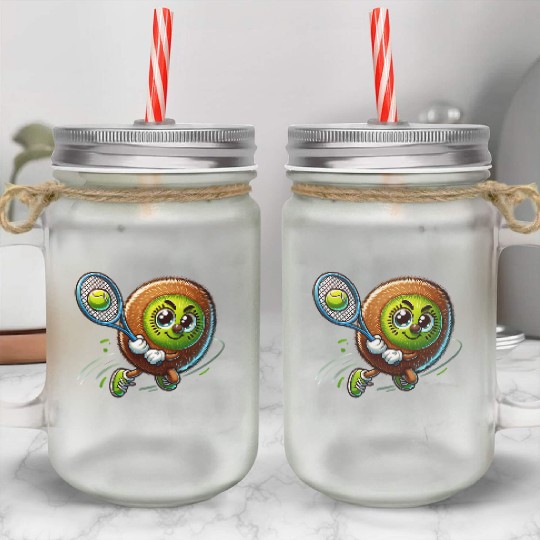 Kiwi Tennis Star – Furry Fruit Champion on Court Mason Jar Cups