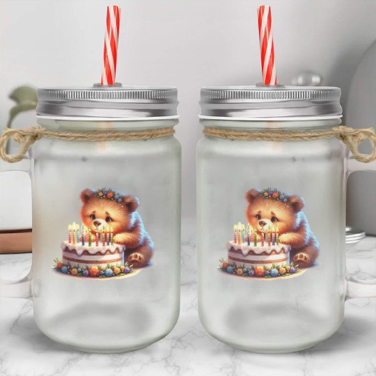 Birthday Bear – Cute Candle Cake & Floral Crown Mason Jar Cups