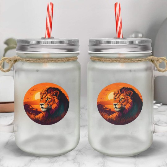 Sunrise Sleeping Lion in Grass Design. Mason Jar Cups