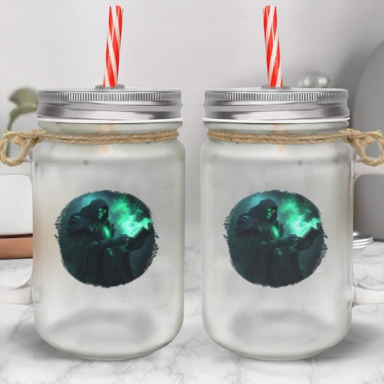 Green Shadow Mage with Burning Spell Book Mason Jar Cups