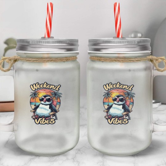 Weekend Vibes – Cute Cartoon Penguin with Sunglass Mason Jar Cups