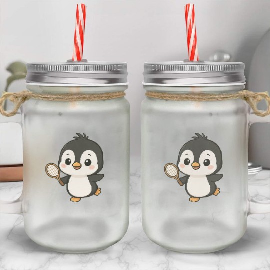 Cute penguin tennis player cartoon chibi sport Mason Jar Cups
