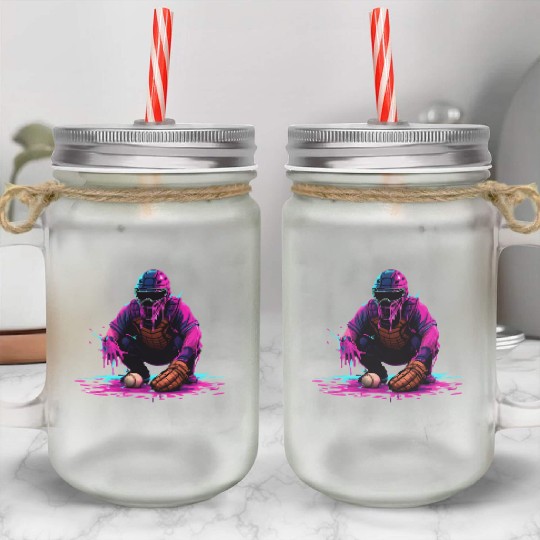 Neon Baseball Catcher Art Cool Vaporwave Sports Mason Jar Cups