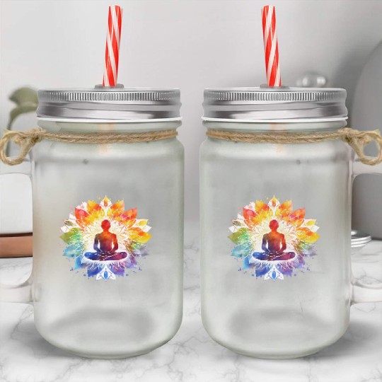 Retro Zen Lotus Meditate Rainbow Mason Jar Cups