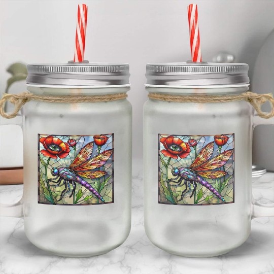 Dragonfly stained glass poppy flower insect eye Mason Jar Cups