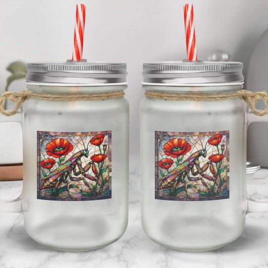 Praying mantis stained glass vibrant poppy flower Mason Jar Cups