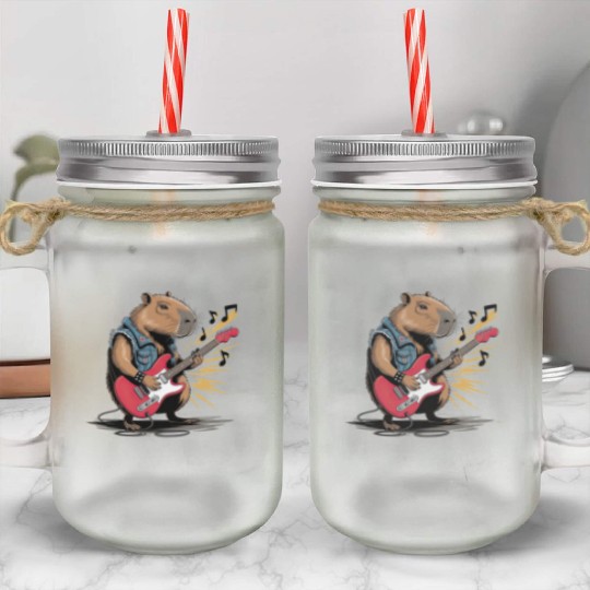 Cool Capybara Playing Electric Guitar Mason Jar Cups