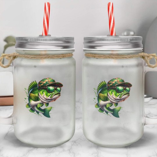 Camo Hat Bass Fish with Green Sunglasses Mason Jar Cups