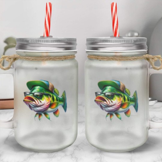 Cool Bass Fish with Green Hat and Glasses Mason Jar Cups