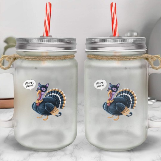 Funny Thanksgiving Turkey Cat Meow Men Women Kids Mason Jar Cups