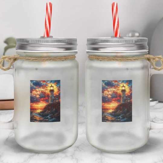 Stained Glass Lighthouse Sunset Mason Jar Cups