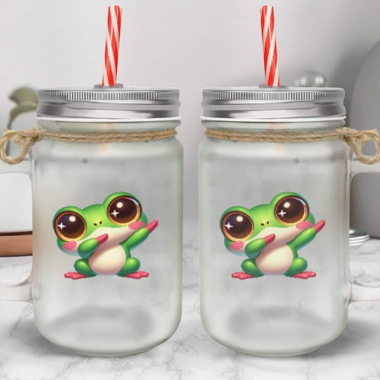 Cute frog dab dance gamer chibi cartoon kawaii Mason Jar Cups