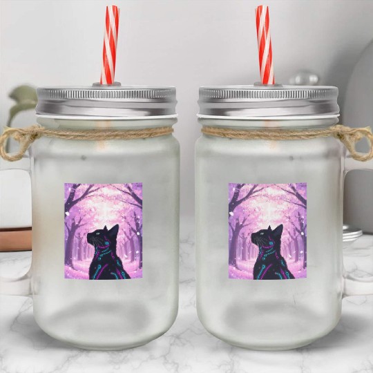 Midnight Cyber Cat | Pink Cherry Blossom Forest Mason Jar Cups