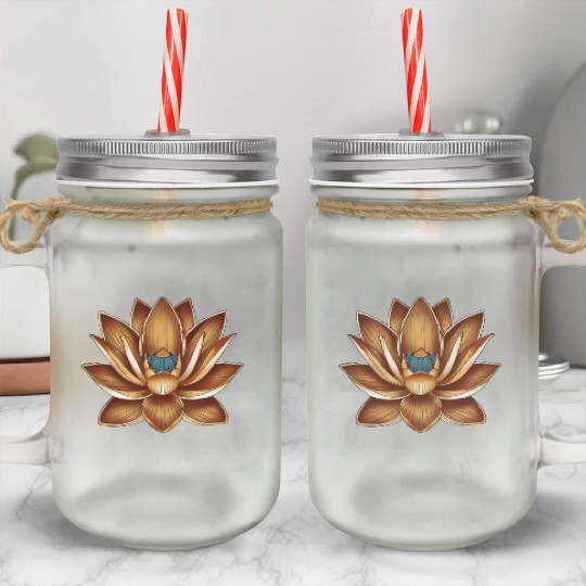 Artistic Lotus with Blue Accents Mason Jar Cups
