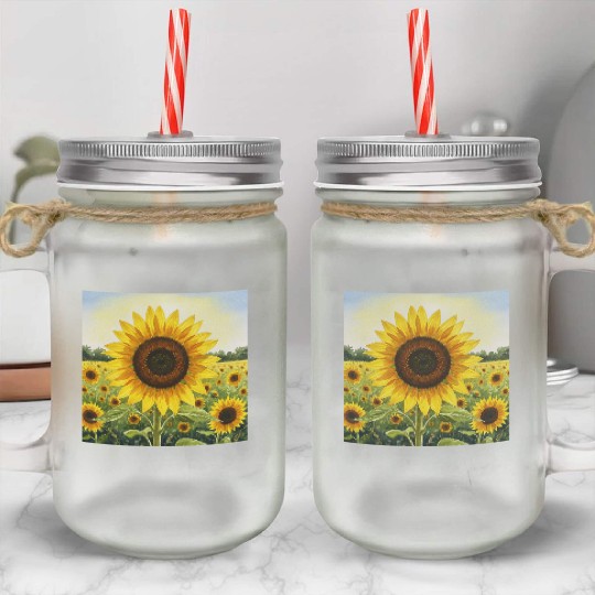 Vibrant Sunflower Field Illustration Mason Jar Cups