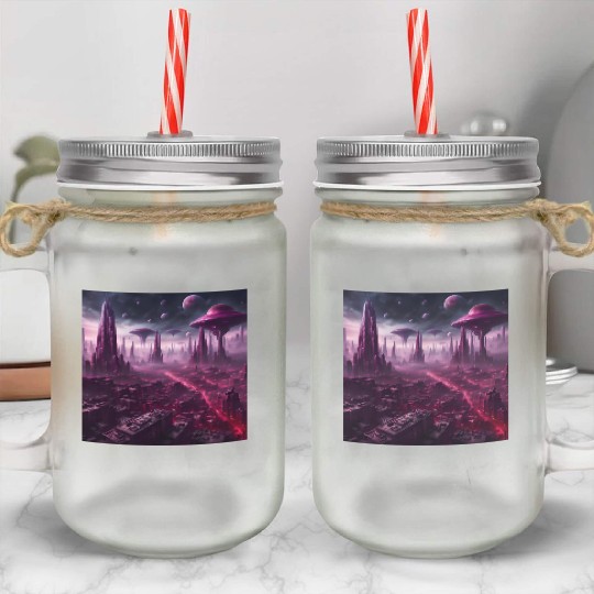 Sci-Fi Future World And Alien City in Neon Pink Mason Jar Cups