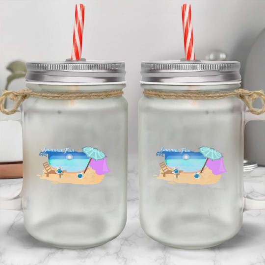 Summer Beach Scene Illustration Mason Jar Cups
