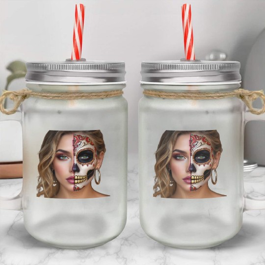 Intricate Sugar Skull Face Art Mason Jar Cups