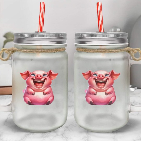 Joyful Cartoon Pig Illustration Mason Jar Cups