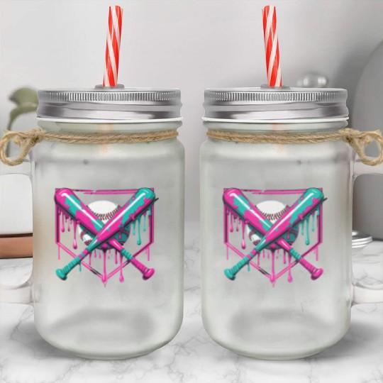 Neon Baseball Bat and Ball Art Mason Jar Cups