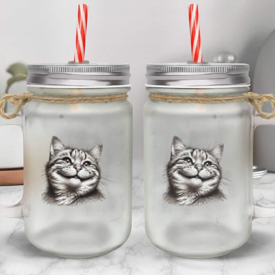 Joyful Cat Illustration for Apparel Mason Jar Cups