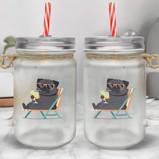 Chill Pug with Sunglasses and Lemonade Mason Jar Cups