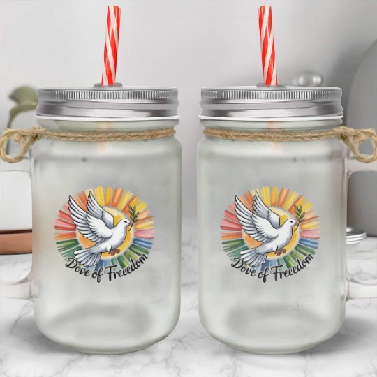 Peaceful Dove with Olive Branch Design Mason Jar Cups