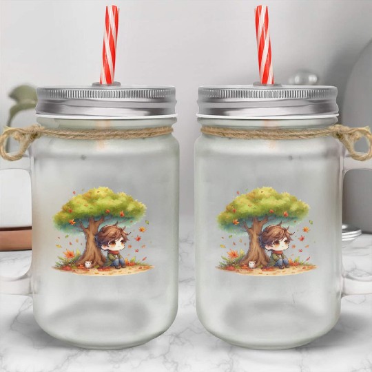 Autumn Serenity Chibi under a Maple Tree Mason Jar Cups