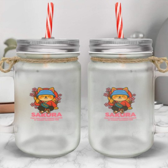 Kawaii Samurai Fox Cherry Blossom Design Mason Jar Cups