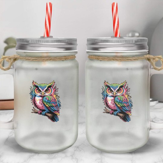Colorful Owl With Colorful Details Mason Jar Cups