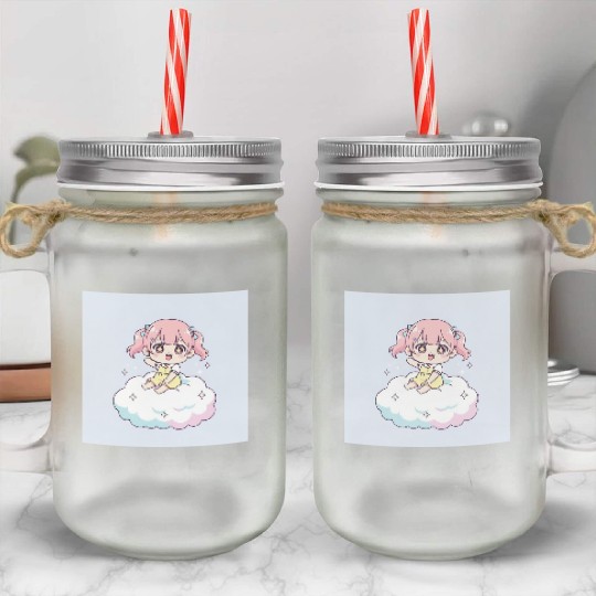 Cute Chibi Girl on Cloud Illustration Mason Jar Cups