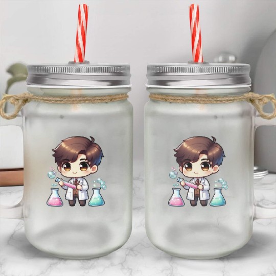 Cute Scientist Chibi Illustration Mason Jar Cups