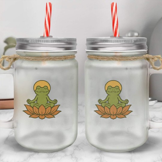 Serene Lotus Frogs Meditation Design Mason Jar Cups
