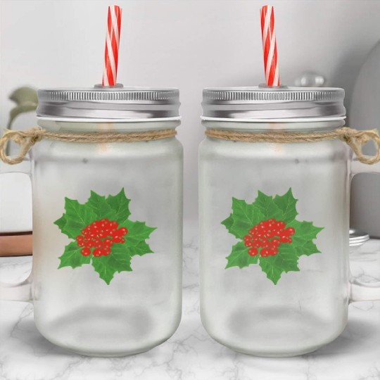 Holly Berry and Leaf Pattern Mason Jar Cups