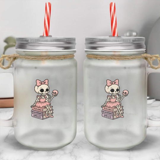 Cherry Blossom Skeleton with Potion Books Mason Jar Cups