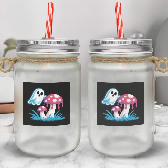 Whimsical Ghost and Mushrooms Illustration Mason Jar Cups