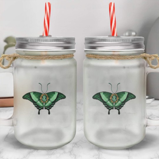May Emerald Peacock Butterfly Gemstone Design Mason Jar Cups