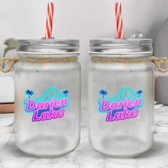 Neon Daren Lake Sign with Roller Coaster and Palms Mason Jar Cups