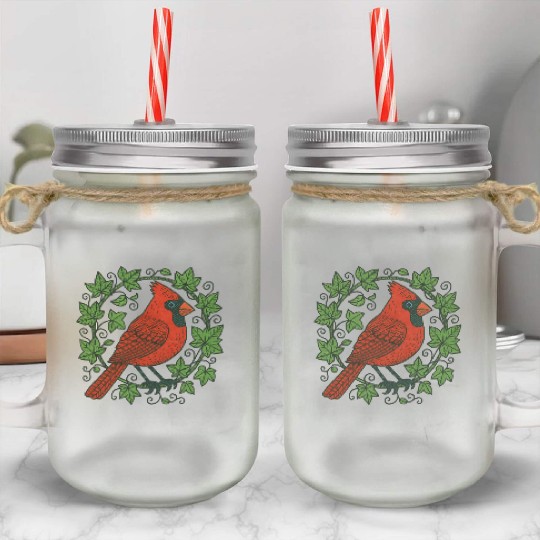 Vibrant Cardinal Amidst Ivy Leaves Mason Jar Cups