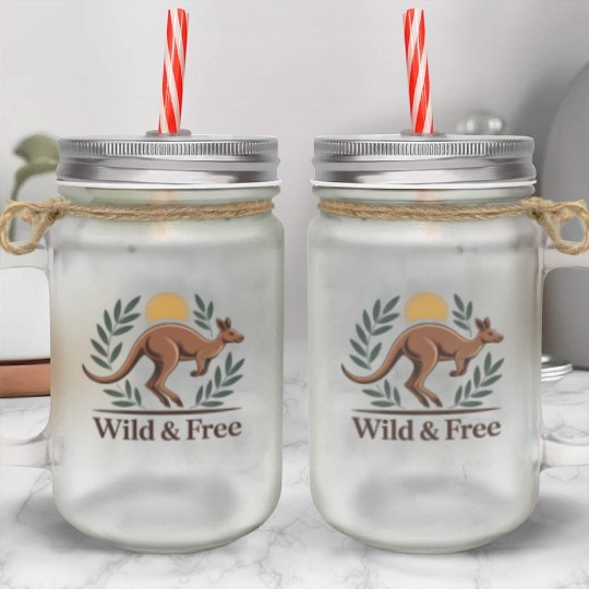 Kangaroo Embrace with Nature Motif Mason Jar Cups